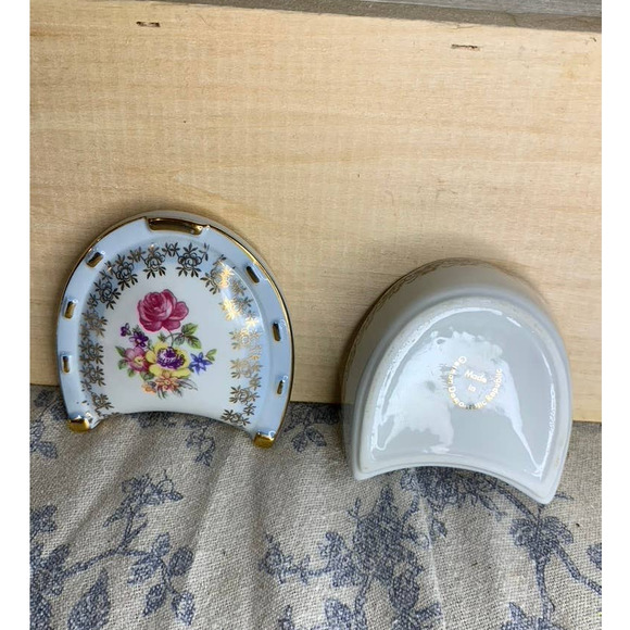 Vintage German Lucky Floral Horseshoe Lidded Trinket Dish Box - Picture 8 of 9